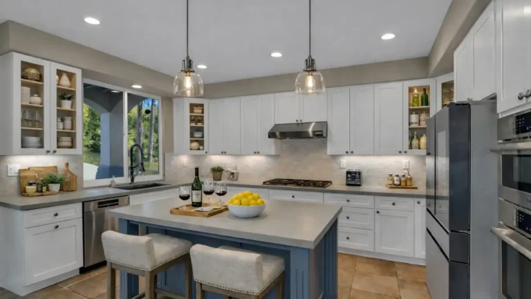 Remodeled Carlsbad kitchen with white shaker cabinets, a blue-gray island, gray quartz countertops, and stainless steel.