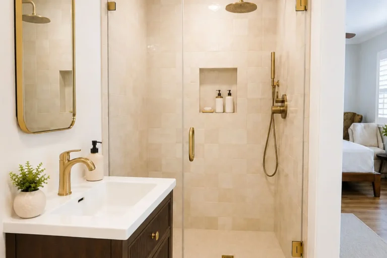 Cypress master bathroom remodel with a fluted walnut vanity, arched gold mirror, and a frameless glass walk-in shower with cream tile