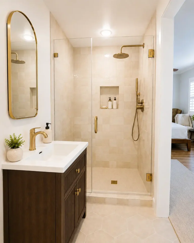 Cypress master bathroom remodel with a fluted walnut vanity, arched gold mirror, and a frameless glass walk-in shower with cream tile