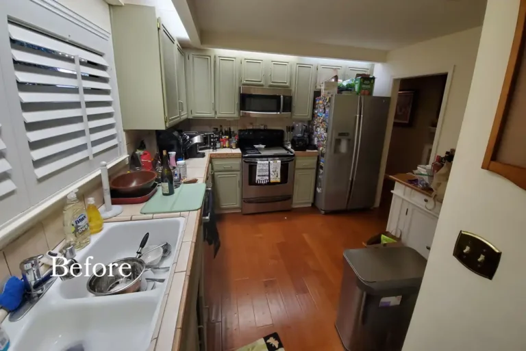 Compact Laguna Hills kitchen before remodeling showing tile counters and a worn double basin sink