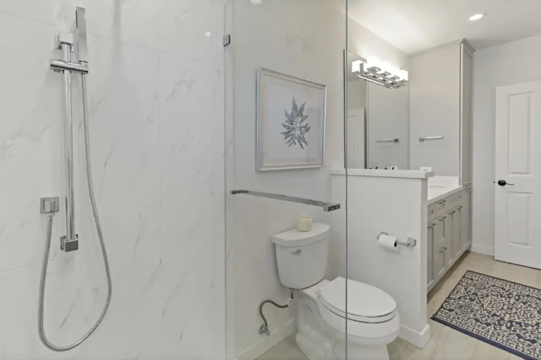 Anaheim bathroom remodel with walk-in shower and dual vanity design