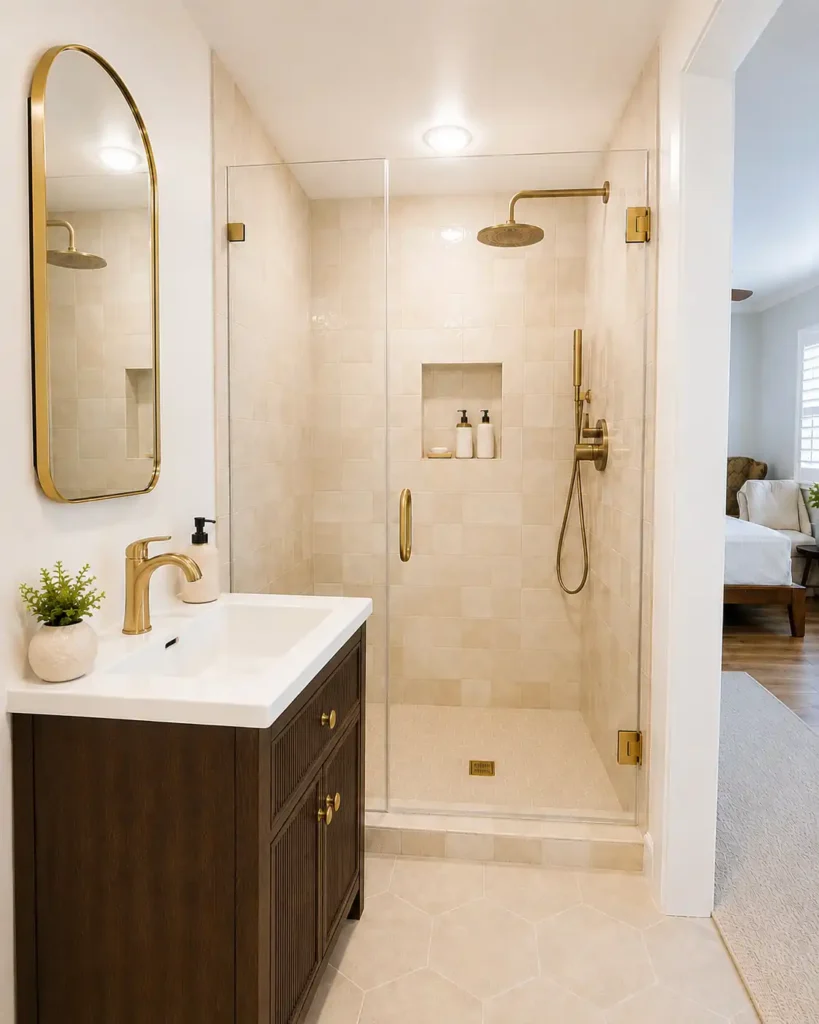 Remodeled Cypress master bathroom with a frameless walk-in shower, warm neutral tile, gold fixtures, dark wood vanity, and arched mirror.