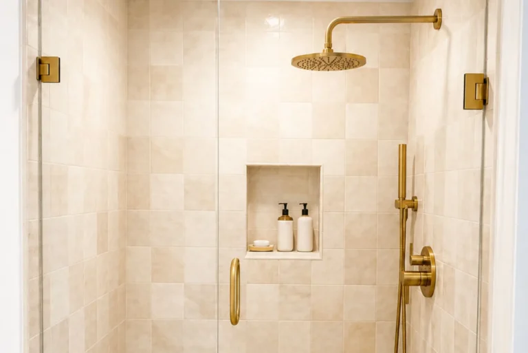 Straight on view of a remodeled Cypress walk-in shower with a recessed tile niche, brushed gold rain shower head, and hand shower