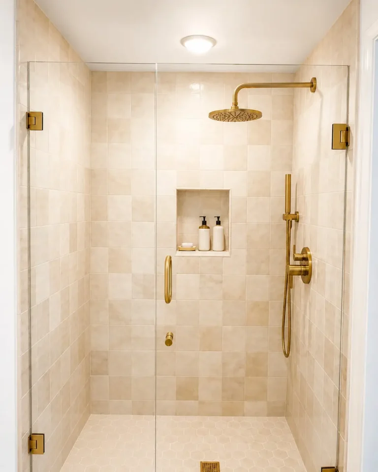 Straight on view of a remodeled Cypress walk-in shower with a recessed tile niche, brushed gold rain shower head, and hand shower