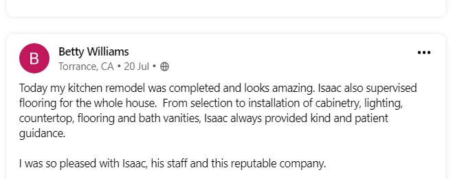 Customer review describing a completed kitchen remodel with new cabinetry, countertops, and flooring in Torrance