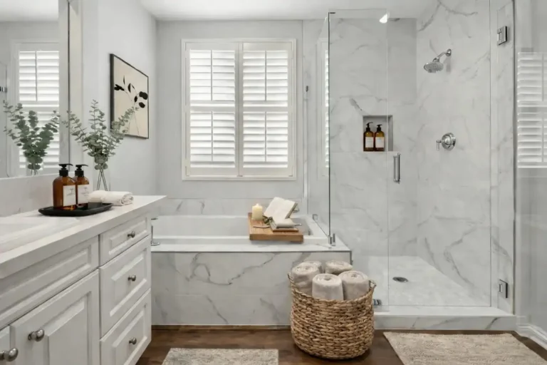 Full-height marble-look tile wrapping the tub deck and walk-in shower in a Carlsbad primary bathroom remodel.