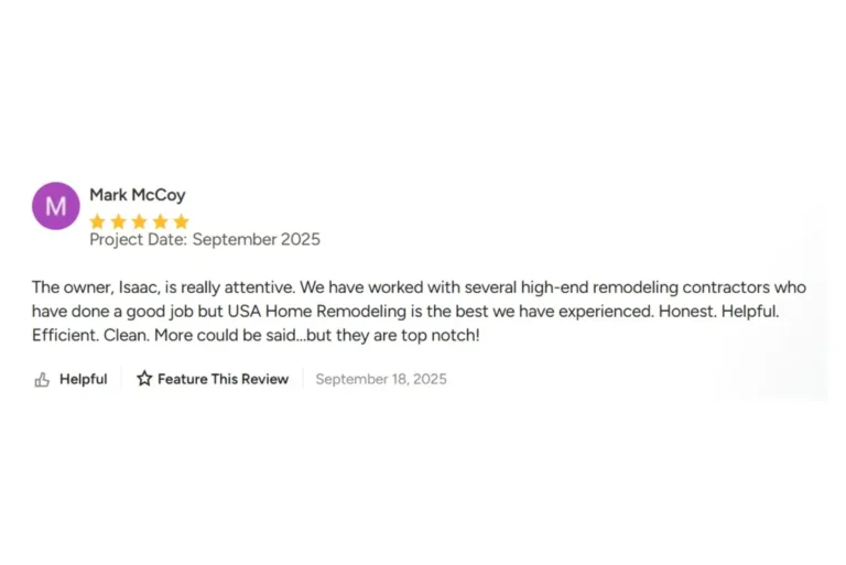 Five-star client review praising USA Home Remodeling as honest, helpful, and clean after a Santa Ana guest bathroom remodel
