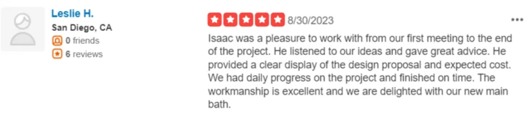 Five-star customer review praising the workmanship on a newly completed primary bathroom remodel in Carlsbad.