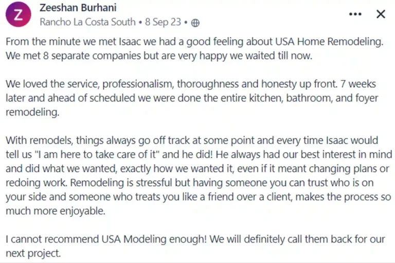 Customer review praising the USA Home Remodeling team after a Carlsbad kitchen, bathroom, and foyer remodel