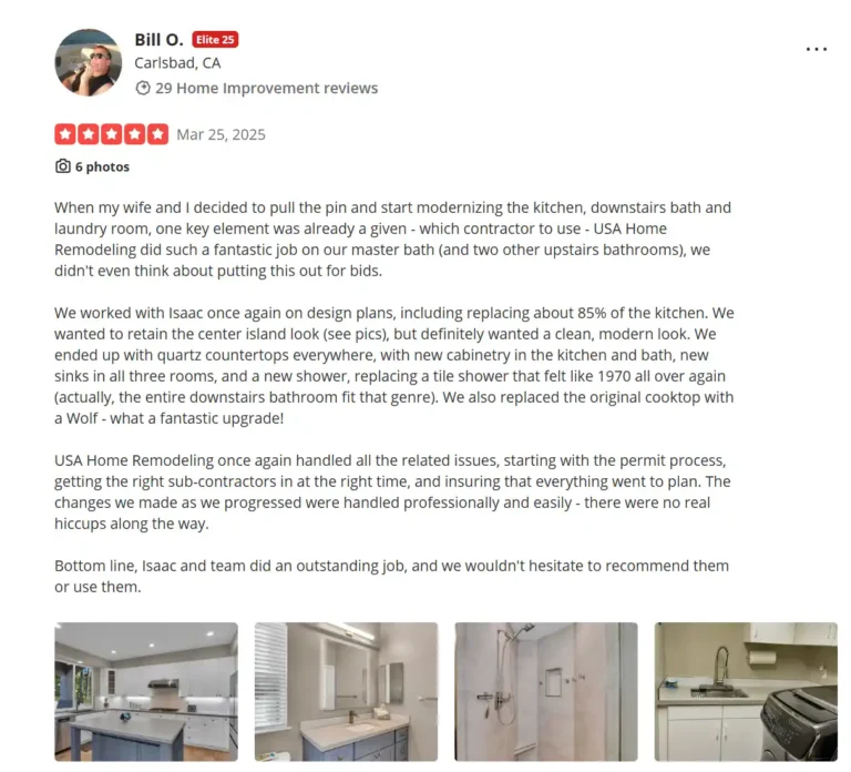 Five-star client review of a Carlsbad kitchen and bathroom remodel by USA Home Remodeling, shown with project photos.
