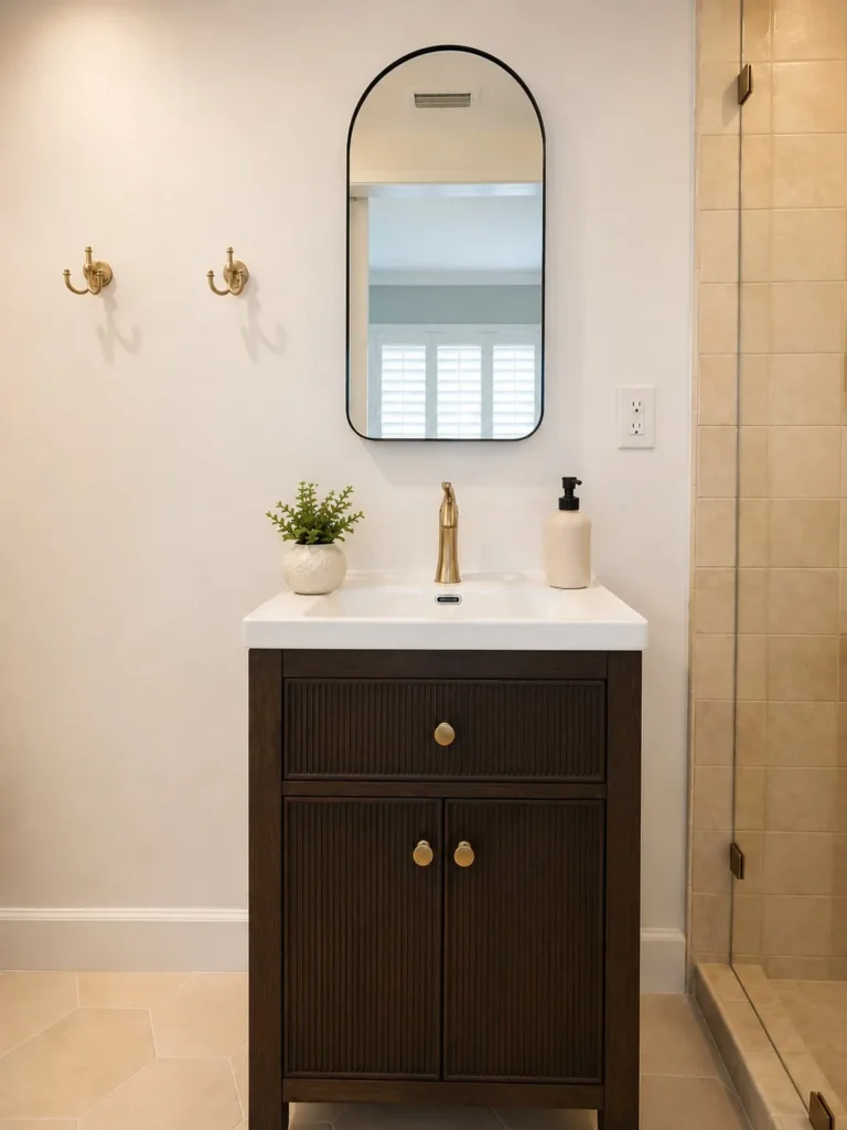 Remodeled Cypress master bathroom with a dark wood fluted vanity, white sink, gold faucet, arched mirror, and neutral hexagon tile flooring.