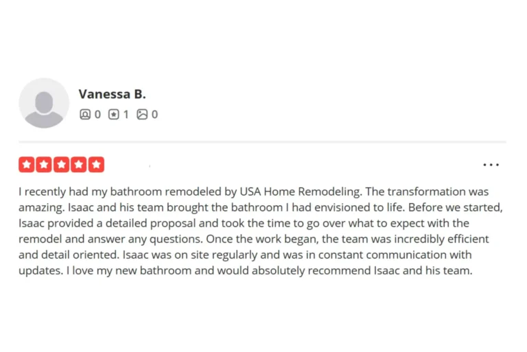 Five-star customer review praising the detailed proposal and efficient team behind a Cypress bathroom remodel