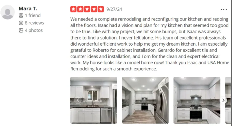 Five-star customer review of a complete kitchen remodel and new floors, with thumbnail photos of the finished kitchen