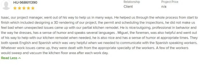 Five-star client review praising the project manager and foreman on a partial kitchen remodel by USA Home Remodeling