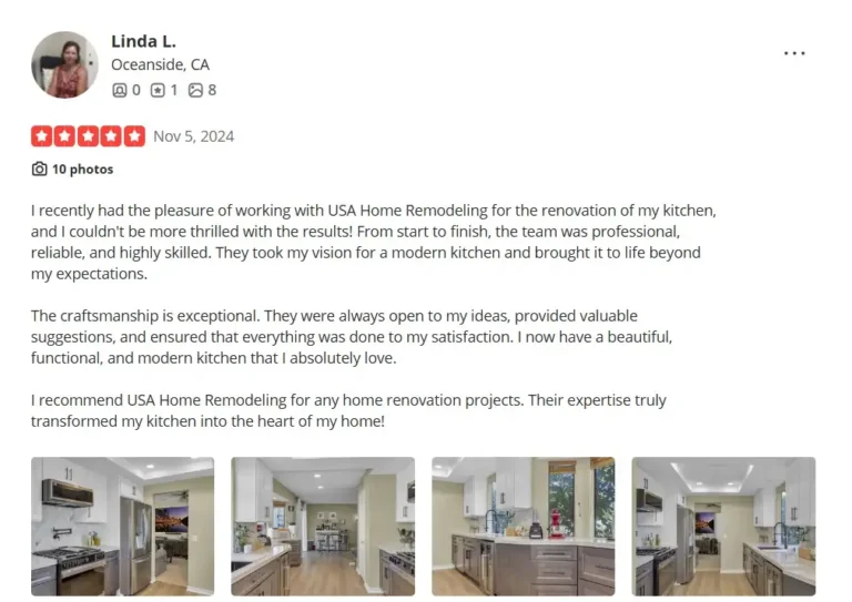 Five-star Yelp review from an Oceanside homeowner praising USA Home Remodeling for her modern kitchen remodel