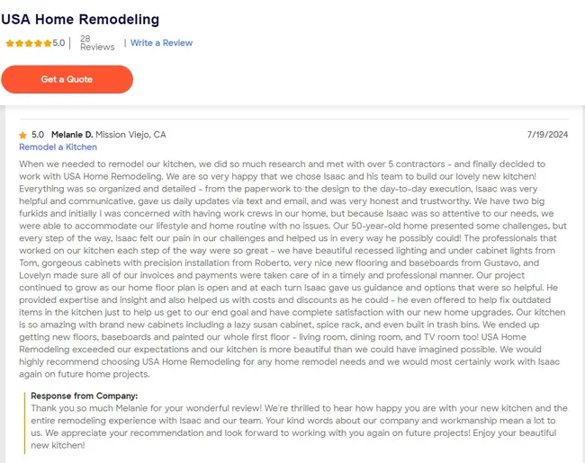Five-star client review of a Mission Viejo kitchen remodel by USA Home Remodeling, with the company response below
