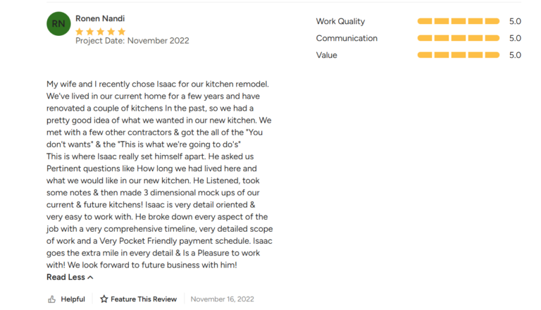 Screenshot of a five-star homeowner review praising the design process and planning of an Oceanside kitchen remodel