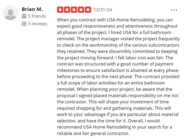 Five star customer review screenshot for a completed full bathroom remodeling project in San Clemente, California.