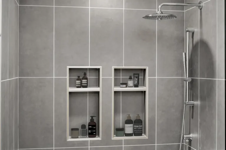 Recessed shower niches stocked with toiletries beside a chrome rainfall showerhead in a Carlsbad bathroom