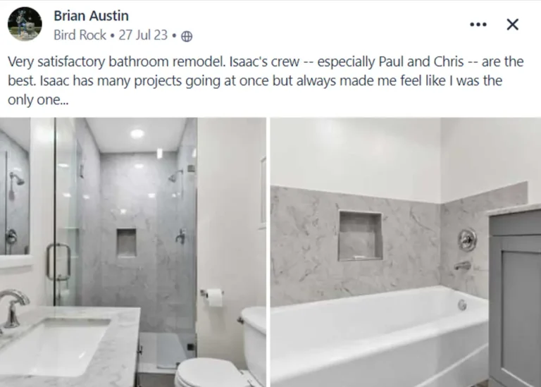 Customer Facebook review of an Irvine bathroom remodel shown with photos of the marble shower and bathtub