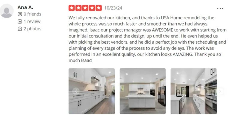 Five-star customer review with photos praising the project manager and finished white kitchen remodel in Corona