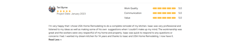 Five-star customer review praising a complete kitchen remodel by USA Home Remodeling for work quality and communication