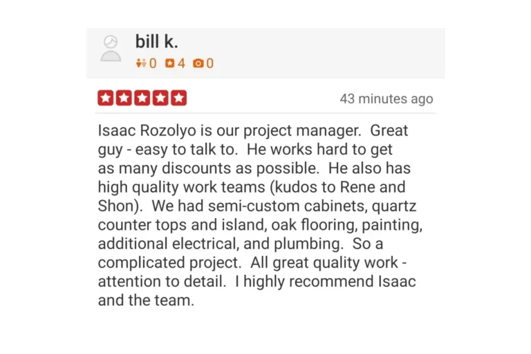 Five-star Yelp review praising semi-custom cabinets, quartz countertops, and oak flooring in a Mission Viejo kitchen