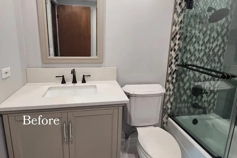Taupe vanity and diamond mosaic tub shower with sliding glass doors in a Santa Ana guest bathroom before remodeling.