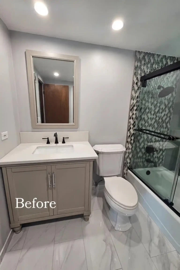 Before photo of a Santa Ana guest bathroom remodel, showing a gray shaker vanity with white top and a glass tub enclosure