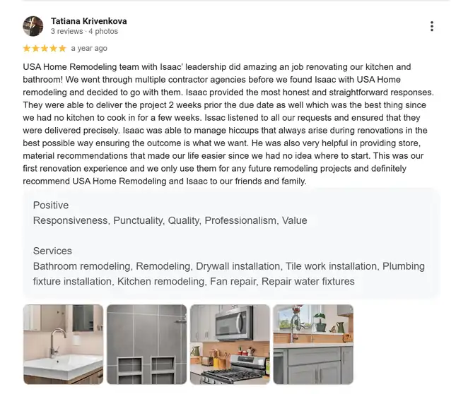Five-star Google review praising the kitchen and bathroom renovation by USA Home Remodeling in Carlsbad