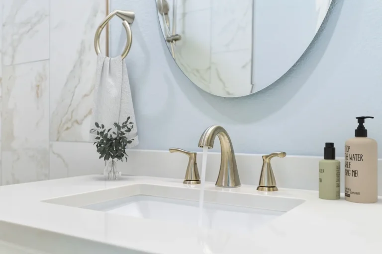 Widespread faucet and undermount sink on a white countertop in a Mission Viejo bathroom remodel