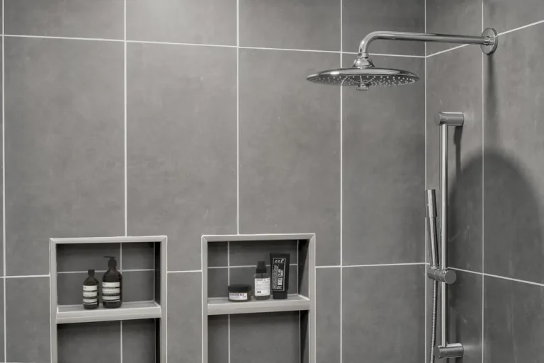 Large format gray wall tile with a chrome rainfall showerhead and handheld sprayer in a Carlsbad bath remodel
