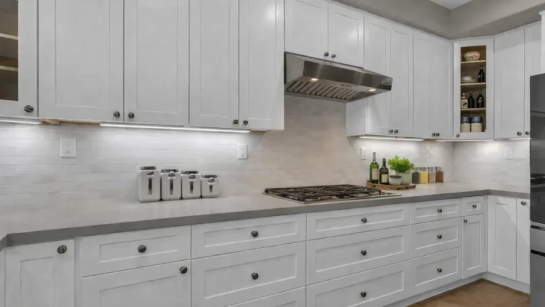 White shaker cabinets and deep drawers around a gas cooktop, range hood, and subway tile in a Carlsbad kitchen.