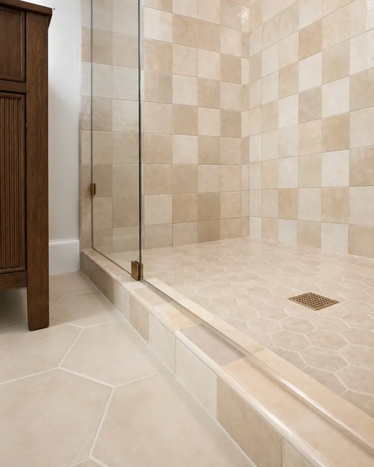 Hexagon mosaic shower pan and tiled curb in a Cypress bathroom remodel with a square brushed gold drain cover