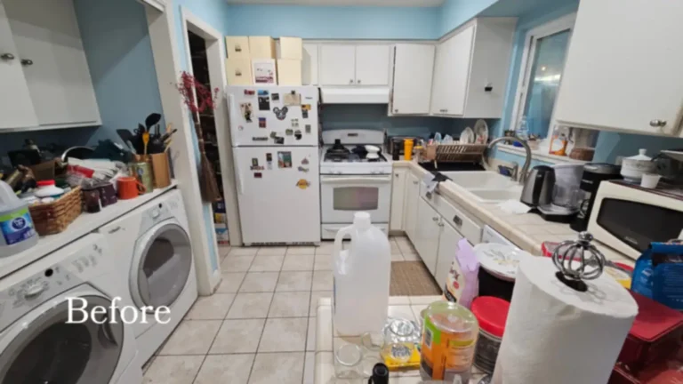 Before photo of a cluttered Huntington Beach kitchen with blue walls, tile counters, white appliances, and laundry area