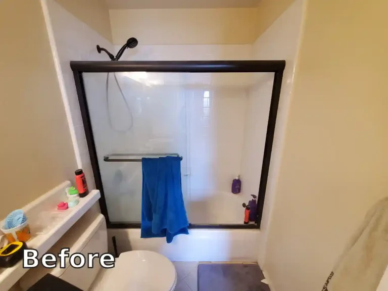 Before remodeling the dated Aliso Viejo bathroom had a white tile tub surround and framed sliding glass doors