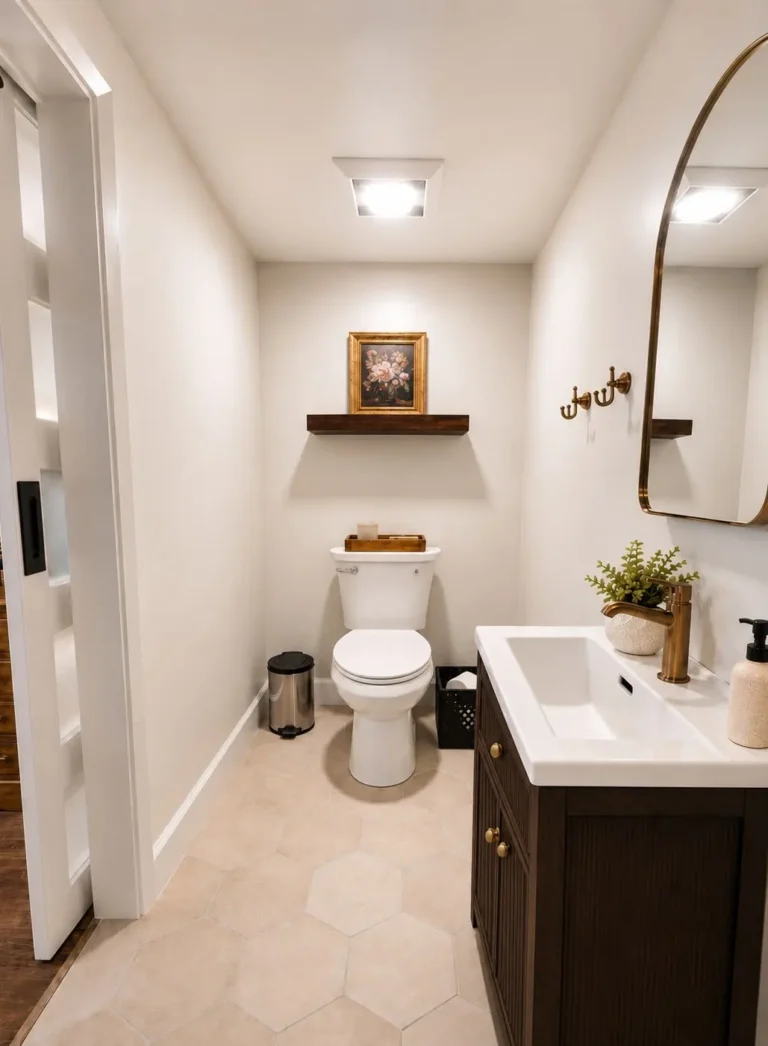 Remodeled toilet alcove in a Cypress bathroom with a stained floating wood shelf, framed art, and hexagon porcelain floor tile