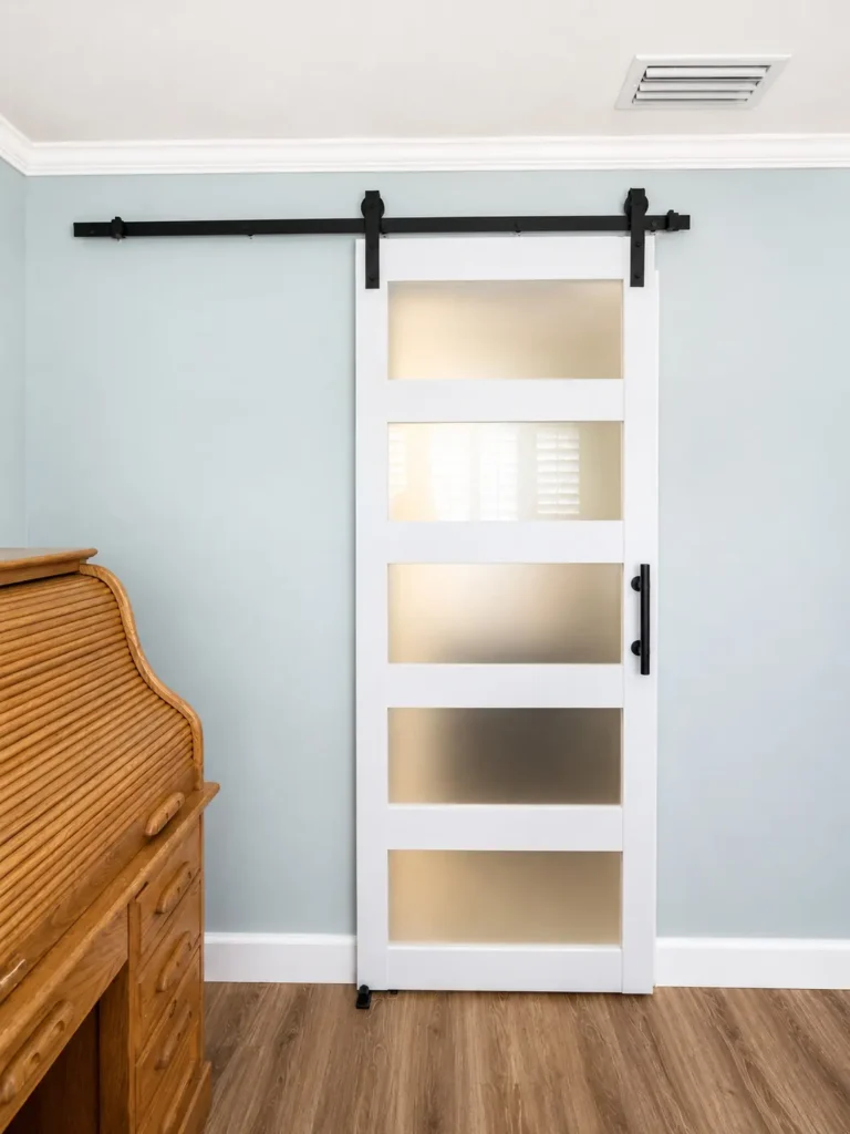 White five panel frosted glass barn door with matte black track at the entry to a remodeled Cypress master bathroom