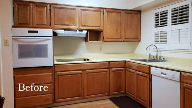 Before photo of the original Laguna Hills kitchen with dated wood cabinets, a white wall oven, and laminate counters