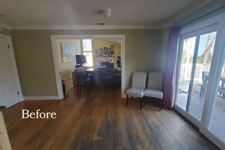 Before photo of a Newport Beach dining area with green walls, a cased opening to the family room, and a sliding door