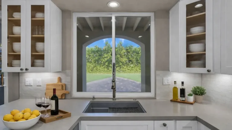 Centered window above a gray workstation sink, framed by two glass-front cabinets in a remodeled Carlsbad kitchen.