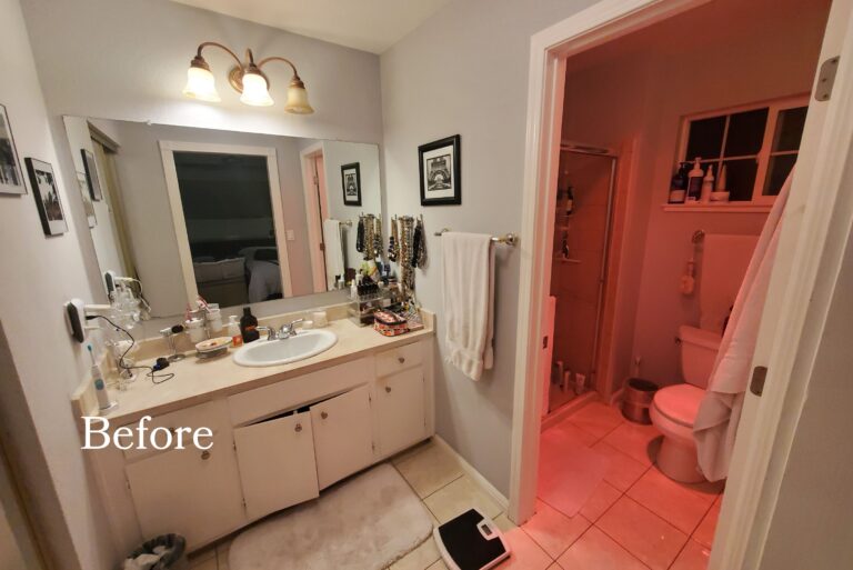Mission Viejo bathroom before remodel with dated tub deck, brown tile, and corner shower.