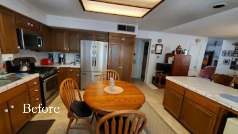 Santa Ana kitchen before remodeling, with dark wood cabinets, tile countertops, and a boxed fluorescent light
