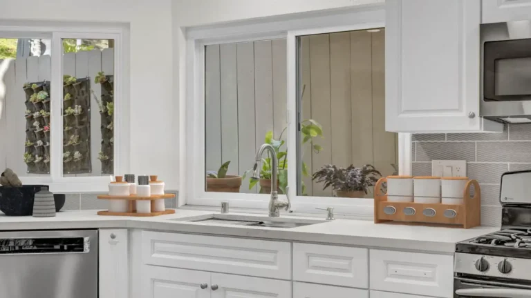 Sliding window over a quartz sink run with white raised panel base cabinets in a remodeled Santa Ana kitchen