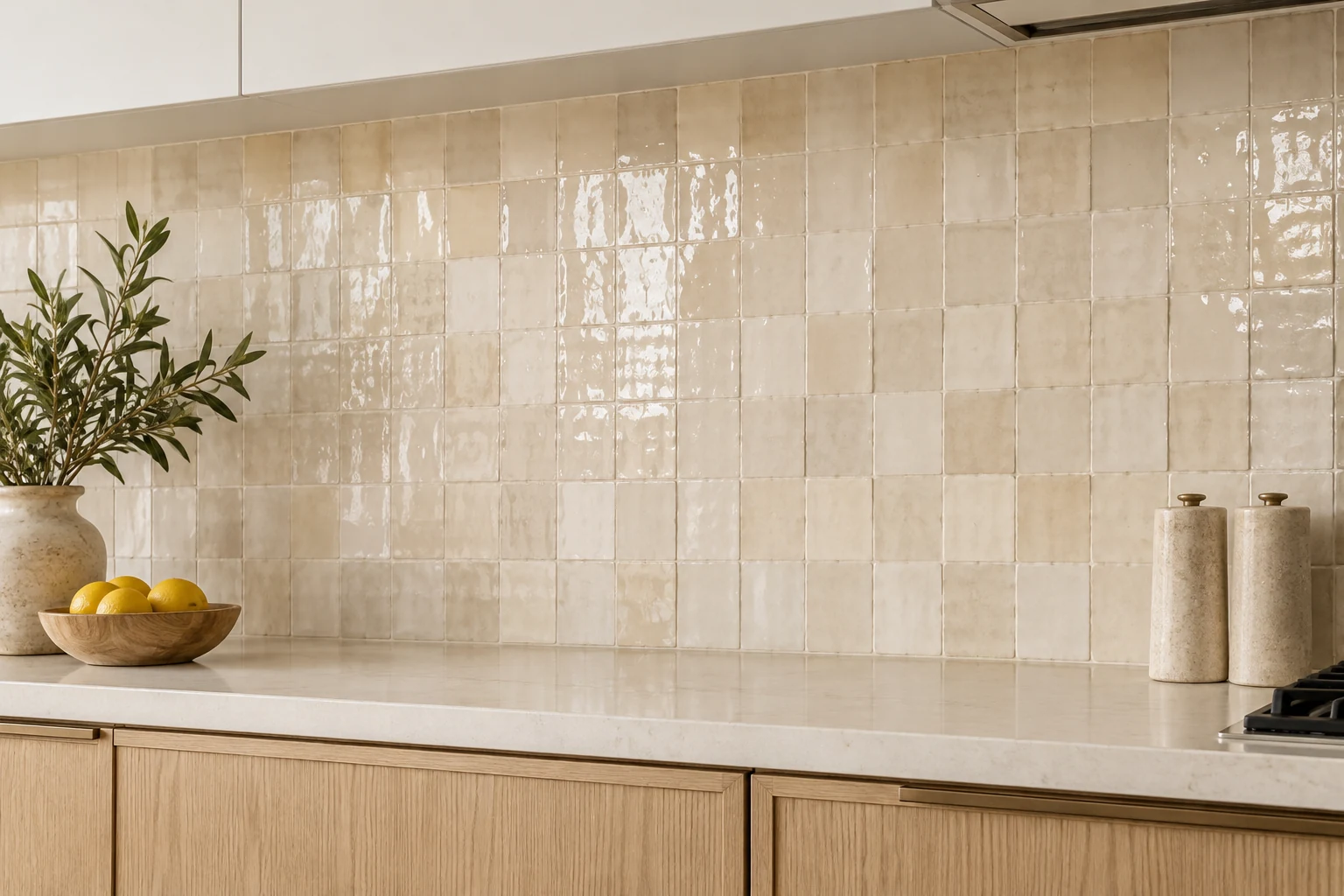 Ivory zellige tile backsplash with natural texture, light wood cabinets, and a white countertop.