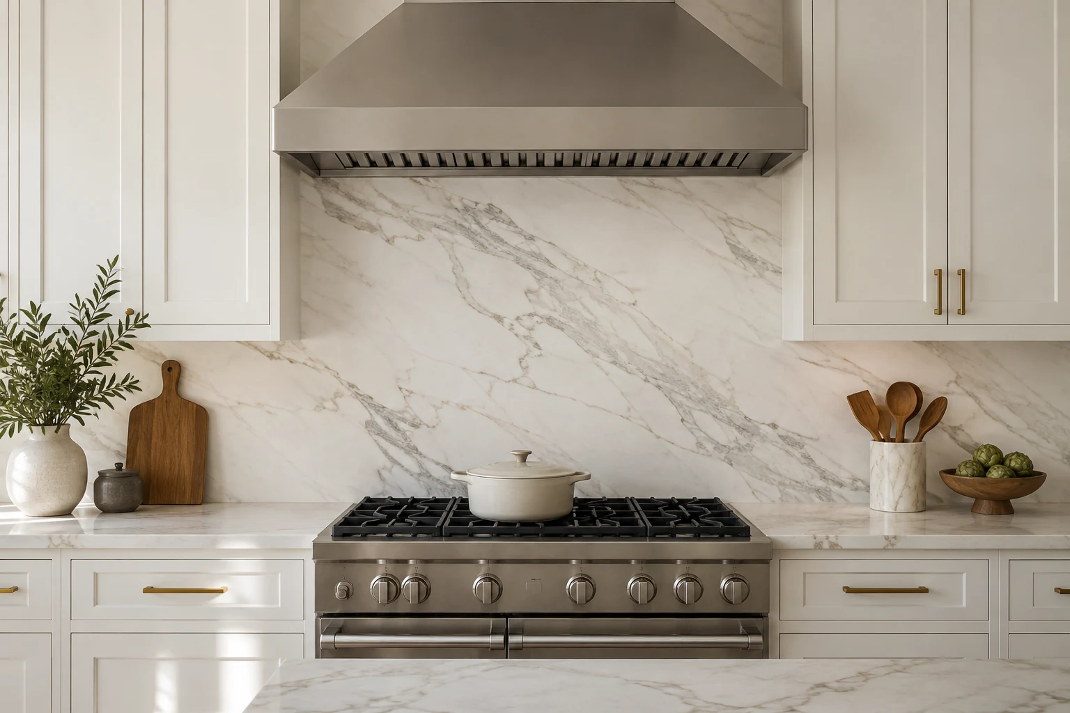 White marble-look porcelain slab backsplash with gray veining behind a stainless steel range, framed by white cabinets.